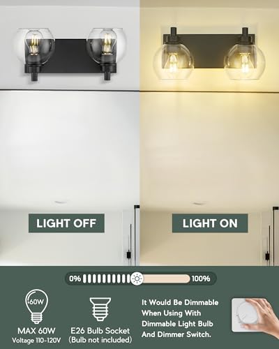 2-Light Matte Black Bathroom Vanity Light, Clear Glass Globe Shade | 15" modern bathroom light fixtures over mirror, E26 base, bulbs not included, VL195-MB-2 - color: Black, Clear Glass, size: 2-light