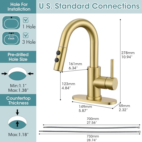Brushed Gold Bathroom Faucet with Pull Down Sprayer, 2 Flow Mode | Modern Stainless Steel Bathroom Sink Faucet with Pop-up Drain and Hoses, RV & Outdoor Basins, for 1 or 3 Hole - color: Brush Gold