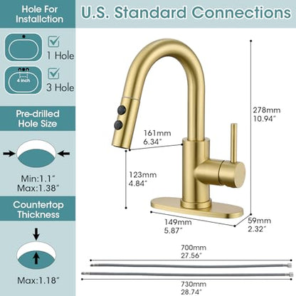 Brushed Gold Bathroom Faucet with Pull Down Sprayer, 2 Flow Mode | Modern Stainless Steel Bathroom Sink Faucet with Pop-up Drain and Hoses, RV & Outdoor Basins, for 1 or 3 Hole - color: Brush Gold