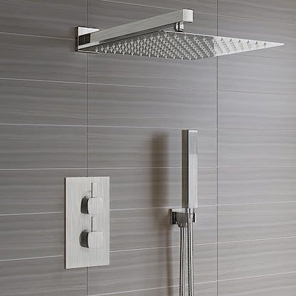 Voolan All Metal Shower Head with Extension Arm, Stainless Steel Waterfall Rainfall Showerheads, High Flow Bathroom Square Rain Shower Head (12’’ Shower Head with 16’’ Shower Arm, Brushed Nickel) - color: Brushed Nickel, size: 12’’ Shower Head with 16’’ S