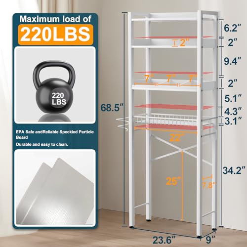 Over The Toilet Storage Cabinet,4 Tier Bathroom Organizer and Storage With Adjustable Shelf Waterproof Feet Pad and Basket Multifunctional Space Saver Freestanding Bathroom Shelves With Dividers White - color: White