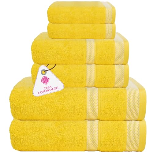 CASA COPENHAGEN Solitaire 6Pcs 100% Egyptian Cotton Large Designer Towels Gift Set- Light Yellow, 600GSM, 2Bath 2Hand 2Washcloths, Bath Towels for Bathroom Set for Women & Men - color: Solitaire 6pcs Towel Set Light Yellow, size: 6Pcs Towel Set