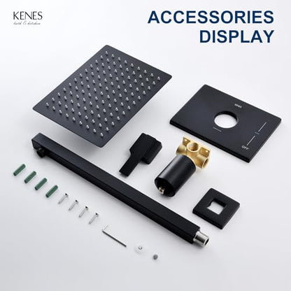KENES Matte Black Shower Faucet with 10-Inch Shower Head and Handle Set, Square Shower Faucet Set Bathroom Rainfall Shower System Wall Mount, KE-6024B-2 (Shower Valve Included) - color: Matte Black, style: Shower Faucet Set