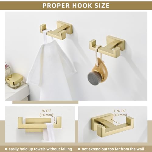 Angle Simple Double Towel Hook Brushed Gold, Bathrobe Coat Holder, 2 Pack | SUS304 Stainless Steel Robe Hook for Bathroom Wall, Hand Towel Hanger Screw Wall Mount - color: Brushed Gold, size: 2 Pack