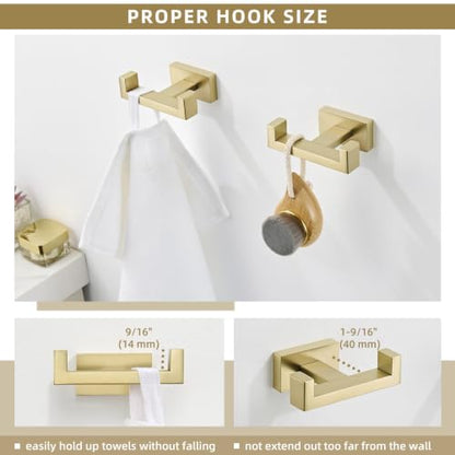 Angle Simple Double Towel Hook Brushed Gold, Bathrobe Coat Holder, 2 Pack | SUS304 Stainless Steel Robe Hook for Bathroom Wall, Hand Towel Hanger Screw Wall Mount - color: Brushed Gold, size: 2 Pack