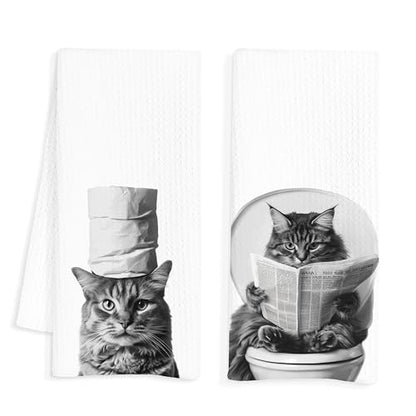 Funny Cat Gifts Bathroom Hand Towels Set of 2, Funny Cat Bathroom Washroom Decor, Tabby Cats Mom Gifts, 16x24 Inch - color: Set of 2-toilet