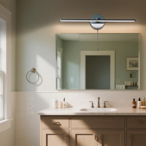 Vanity Light with On Off Switch,24 inch Brushed Aluminum LED Light Vanity Bar for Bathroom,Modern LED Wall Picture Lamps Sconces with Pull Chain Switch LED 3000-3500K (AM) - color: Brushed Aluminum