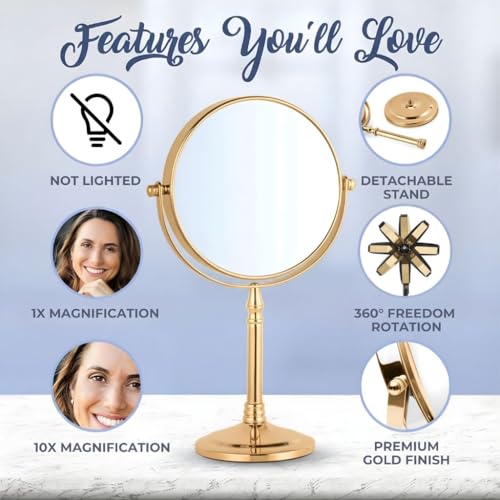 Double Sided 10X/1X Magnifying Makeup Mirror, 8" x 15" (Gold) | The Ideal Present! Large Double-Sided Design with Stand, Elegant Vanity Piece for Dressing Table, Bedroom & Beauty Routines - color: Gold