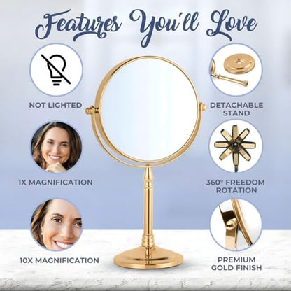 Double Sided 10X/1X Magnifying Makeup Mirror, 8" x 15" (Gold) | The Ideal Present! Large Double-Sided Design with Stand, Elegant Vanity Piece for Dressing Table, Bedroom & Beauty Routines - color: Gold