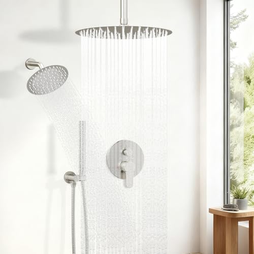 Shower Systems Shower Faucet Sets STARBATH 3 Way 12+6" Round Dual Rainfall Shower Head with Handheld Spray, Ceiling Mounted Rain Shower Valve with 5 Diverter and Trim Kit Complete, Brushed Nickel - color: Brushed Nickel, size: 6+12 inch-04