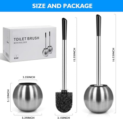 Toilet Brush and Holder 2 Pack, 304 Stainless Steel Toilet Brush with Extended and Durable Comfortable Brush Handle, Toilet Bowl Brush for Bathroom Toilet - Ergonomic, Pratical Durable - color: Silver