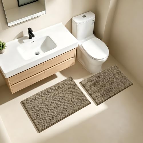 Bcoimo Bath Rugs Mat Set,2 Piece Non Slip Chenille Latte Bathroom Mat Sets | Extra Soft Bathroom Rug set;Non Slip with Rubber Backing Microfiber Mat;High Absorbent And Quick Drying mats;Machine Washable - color: Latte, size: 30"×20"Plus 24"×17"