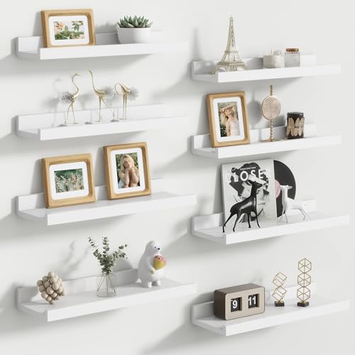 Floating Picture Ledge Shelves Set of 8, 16 Inch Solid Wood Wall Shelves with Lip, Large Nursery Book Shelf for Toys Storage, Kids Bookshelf, Living Room, Bedroom Decor Frames - color: White, size: 16'', Set of 8