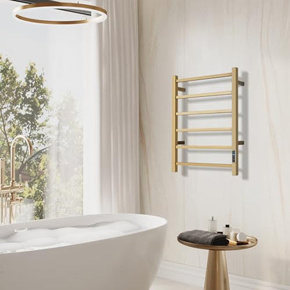 Electric Heated Towel Warmer - Wall Mounted Bathroom Towel Rack, Plug-in Design & Gold Brushed Stainless Steel 6 Bar Gold with Timer & Temperature Control - color: Square Gold With Timer, size: 6 Bar