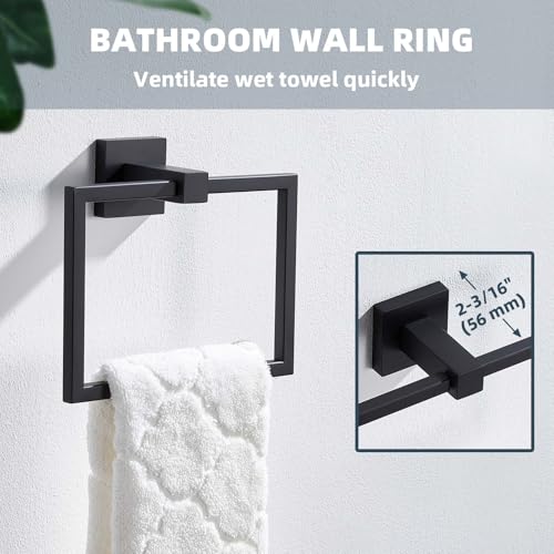 Matte Black Square Towel Holder for Bathroom, 304 Stainless Steel | 180° Rotating Ring for Easy Towel Access, 6.3" Inner Ring, Quiet & Smooth Operation, Easy Drilling Wall Mounted, Modern Style - color: Matte Black
