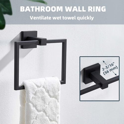 Matte Black Square Towel Holder for Bathroom, 304 Stainless Steel | 180° Rotating Ring for Easy Towel Access, 6.3" Inner Ring, Quiet & Smooth Operation, Easy Drilling Wall Mounted, Modern Style - color: Matte Black