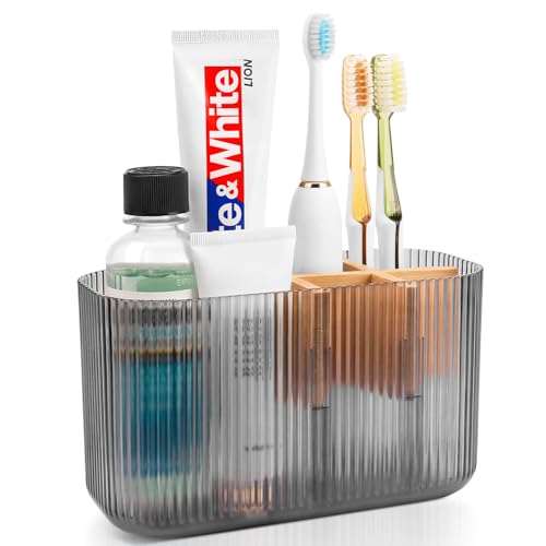 GFWARE Black Bathroom Accessories - 5 Slots Toothbrush Holders for Bathrooms Sink Organizer Countertop Kids Bathroom Storage Caddy Decor - color: Clear Black