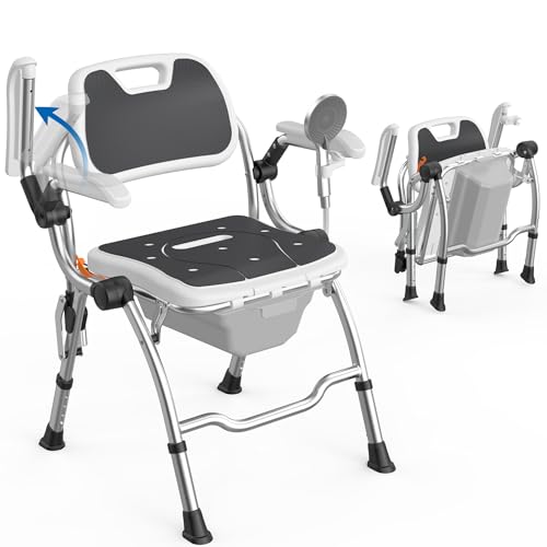 3 in 1 Folding Bedside Commode Chair,No-Assembly Foldable Shower Chair for Inside Shower with Arms and Back,Portable Toilet for Adults Elderly,Adjustable Height Raised Toilet Seat with Handles