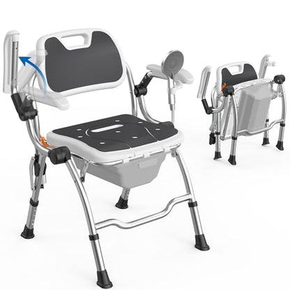 3 in 1 Folding Bedside Commode Chair,No-Assembly Foldable Shower Chair for Inside Shower with Arms and Back,Portable Toilet for Adults Elderly,Adjustable Height Raised Toilet Seat with Handles