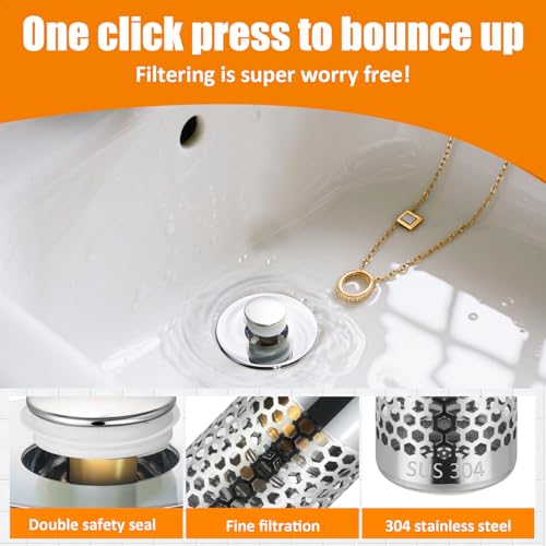 2PC Bathroom Sink Stoppers Plug Pop-up Drain Filter for 1.45 Inch Brass Basin Sink Stopper (Chrome)