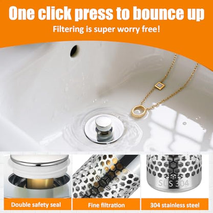 2PC Bathroom Sink Stoppers Plug Pop-up Drain Filter for 1.45 Inch Brass Basin Sink Stopper (Chrome)