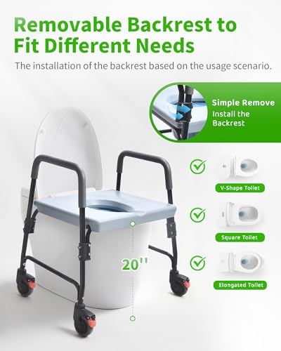 Bedside Commode - Rolling Shower Chair with Wheels - Portable Toilet for Elderly - Rear Locking Wheels 7-qt Commode Bucket Included, HDB-601A