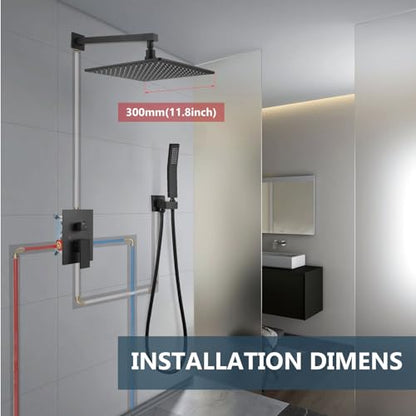 Aolemi Shower Faucet Set with Valve Handheld 12" LED Head Matte Black | Handheld Spray,12 Inch Rain LED Head,Valve and Trim Kit,All Metal,Wall Mount Shower System,Bathroom Mixer - color: Black, size: 12 Inch LED Shower Head