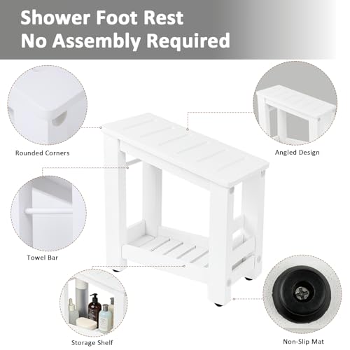 White Bamboo Shower Foot Rest for Shaving Legs, Water-Resistant Pedicure Foot Stool with Lower Storage Shelf, Compact Bathroom Shaving Step for Shower and Bath - color: White