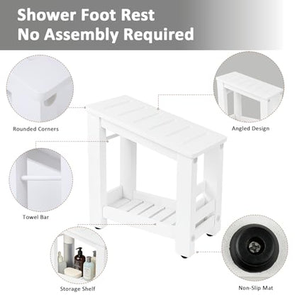 White Bamboo Shower Foot Rest for Shaving Legs, Water-Resistant Pedicure Foot Stool with Lower Storage Shelf, Compact Bathroom Shaving Step for Shower and Bath - color: White