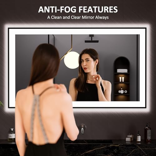 LOAAO 48"X28" LED Bathroom Mirror Black Framed | Anti-Fog, Dimmable, Memory Function, Tempered Glass, Lighted Vanity Mirror for Wall - size: 48"L x 28"W