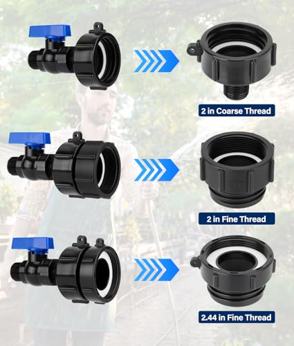 3 Sizes 3-in-1 IBC Tote Hose Adapter 2.44" Fine, 2" Fine and 2" Coarse Thread, 275-330 Gallon Water Tote Tank Hose Adaptor, Faucet Adapter for Garden Hose Connector