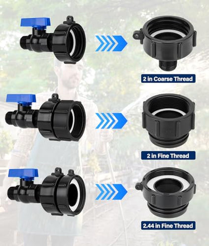 3 Sizes 3-in-1 IBC Tote Hose Adapter 2.44" Fine, 2" Fine and 2" Coarse Thread, 275-330 Gallon Water Tote Tank Hose Adaptor, Faucet Adapter for Garden Hose Connector