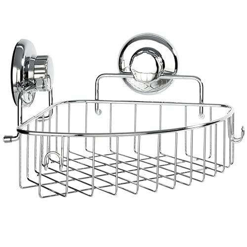 HASKO accessories Corner Shower Caddy with Suction Cups and 3M Adhesive Mounting Discs for porous surfaces - Stainless Steel Basket for Bathroom Storage (Chrome) - color: Chrome