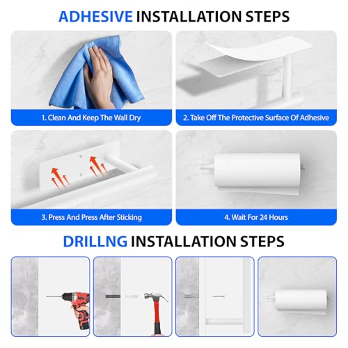 Paper Towel Holder Under Cabinet, Self-Adhesive,No Drilling, Stainless Steel, Wall-Mounted for Kitchen and Bathroom, Easy Install, Durable, Space-Saving, Ideal for Home, RV (White, 1 Pack) - color: White