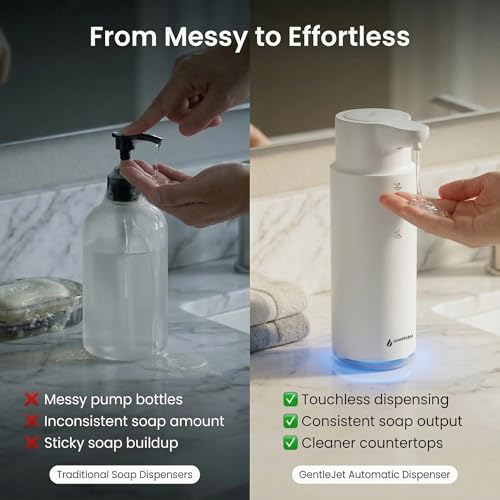GentleJet CrystalJet Automatic Liquid Soap Dispenser Touchless Sensor, Stainless Steel, USB-C Rechargeable, Waterproof Kitchen & Bathroom Countertop Soap Dispenser, 300 ml - color: White