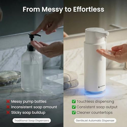 GentleJet CrystalJet Automatic Liquid Soap Dispenser Touchless Sensor, Stainless Steel, USB-C Rechargeable, Waterproof Kitchen & Bathroom Countertop Soap Dispenser, 300 ml - color: White
