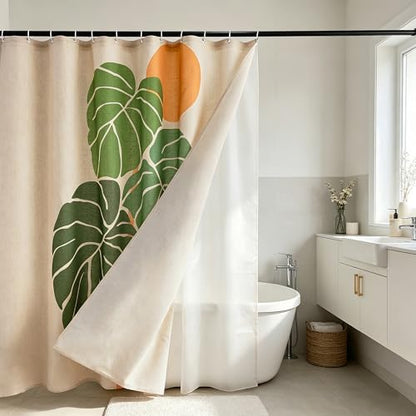 Monstera deliciosa Linen Shower Curtain Set with Liner,72" Wx72 L | Double Layer Shower Curtain Waterproof Fabric with Zippered Removable PEVA Liner,Boho Shower Curtain for Bathroom,Free Hooks - color: Pink Monstera