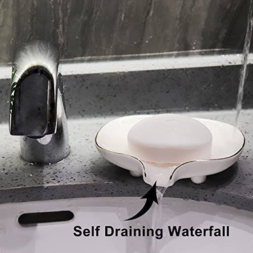 White Soap Dish Ceramic Self Draining Soap Dish Waterfall Slot Gold Edge Bathroom Accessories for Bathroom, Kitchen,Bar Counter - color: White