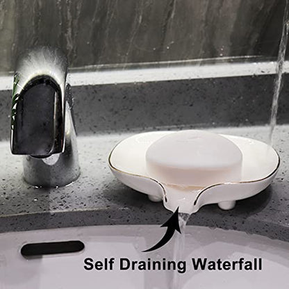 White Soap Dish Ceramic Self Draining Soap Dish Waterfall Slot Gold Edge Bathroom Accessories for Bathroom, Kitchen,Bar Counter - color: White