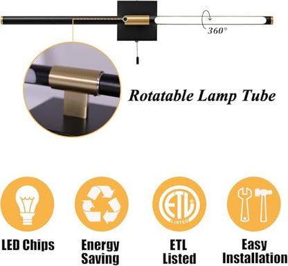 24 Inch Black and Gold Bathroom Vanity Light with Pull Chain Switch, Modern Over Mirror Wall Sconces Lighting, 6000K 360° Bath Light Fixture with Adjustable Lamp Tubes
