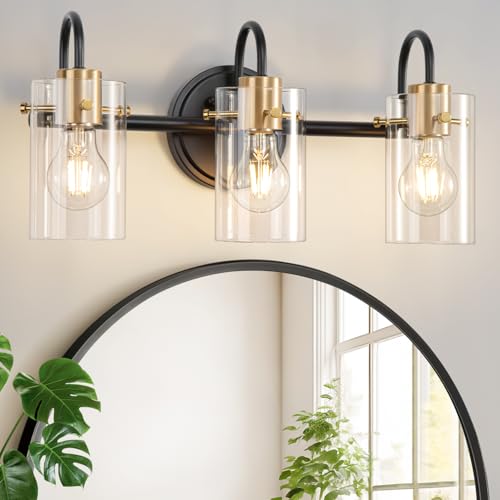 3 Light Bathroom Vanity Light, Black and Gold Bathroom Wall Light Fixtures with Clear Glass Shade, Modern Wall Sconces Wall Lamp Over Mirror Kitchen Living Room Bedroom Hallway Cabinet - color: Black Gold