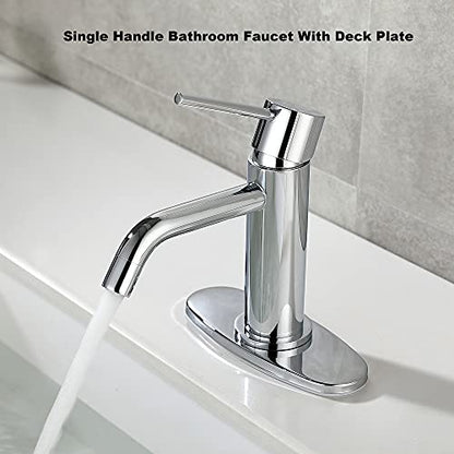 Bathroom Faucet Chrome Single Hole, JXMMP Single Handle Bathroom Faucets for Sink with Pop Up Drain Assembly and 6 inch Deck Plate - color: Chrome, size: Faucet with Deck Plate