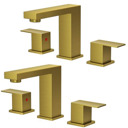 FORIOUS 2 Pack 8" Widespread Gold Bathroom Faucet 3 Hole, Commercial Faucet | 2 Handle Wholesale Square Brushed Gold Bathroom Sink Faucet 3 Holes, Vanity Faucet with Drain, Supply Line and 1.2gpm Aerator - color: Brushed Gold × 2, style: Modern