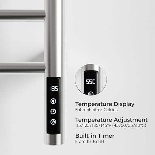 Brushed Nickel 9-Bar Heated Towel Rack with Smart Touch Screen Timer 304 Stainless Steel Wall Mounted Bathroom Towel Warmer Plug-in/Hard-Wired Waterproof IPX4