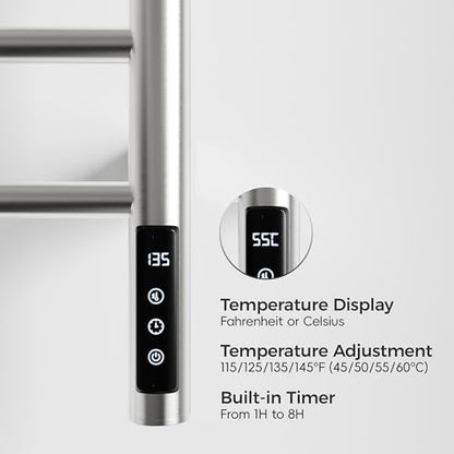 Brushed Nickel 9-Bar Heated Towel Rack with Smart Touch Screen Timer 304 Stainless Steel Wall Mounted Bathroom Towel Warmer Plug-in/Hard-Wired Waterproof IPX4