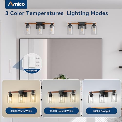 Amico 3-Light Farmhouse Bathroom Vanity Light, Seeded Glass, Black & Wood | Bubble Glass Shade Wall Sconce, Over Mirror Lighting for Bathroom, Bedroom, Living Room, Hallway, Powder Room, Entryway - size: 3-Light