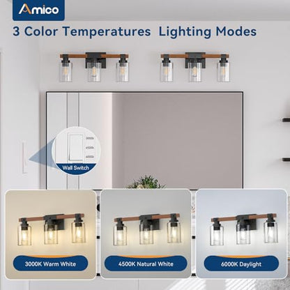 Amico 3-Light Farmhouse Bathroom Vanity Light, Seeded Glass, Black & Wood | Bubble Glass Shade Wall Sconce, Over Mirror Lighting for Bathroom, Bedroom, Living Room, Hallway, Powder Room, Entryway - size: 3-Light