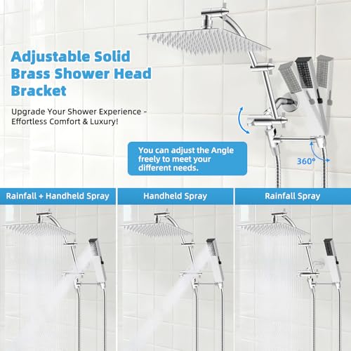 Hibbent All Metal CUPC Certified 10'' Rain Shower Head, Dual Shower Head Combo, High Pressure Handheld 4 Sprays Shower Wand, 16'' Adjustable Extension Arm, 71'' Hose, Shower Holder, Chrome - color: Chrome, style: Square 10''