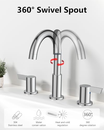 Polish Chrome Bathroom Faucet 3 Hole, 8 Inch Widespread 2-Handle | SUS304 Stainless Steel, 2-Handle Control, Pop-Up Drain, Supply Lines and Mounting Hardware for 8-Inch Widespread Vanity Sinks - color: Polish Chrome