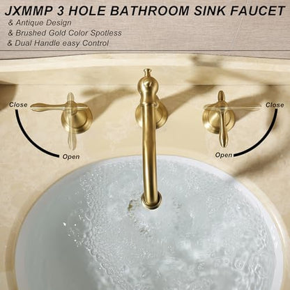 Antique Brushed Gold Bathroom Faucet 3 Hole, Widespread Bathroom Sink Faucet with Pop Up Drain and cUPC Supply Hose, Modern 2 Handle Vanity Faucet Gold JXM3073BG - color: Brushed Gold